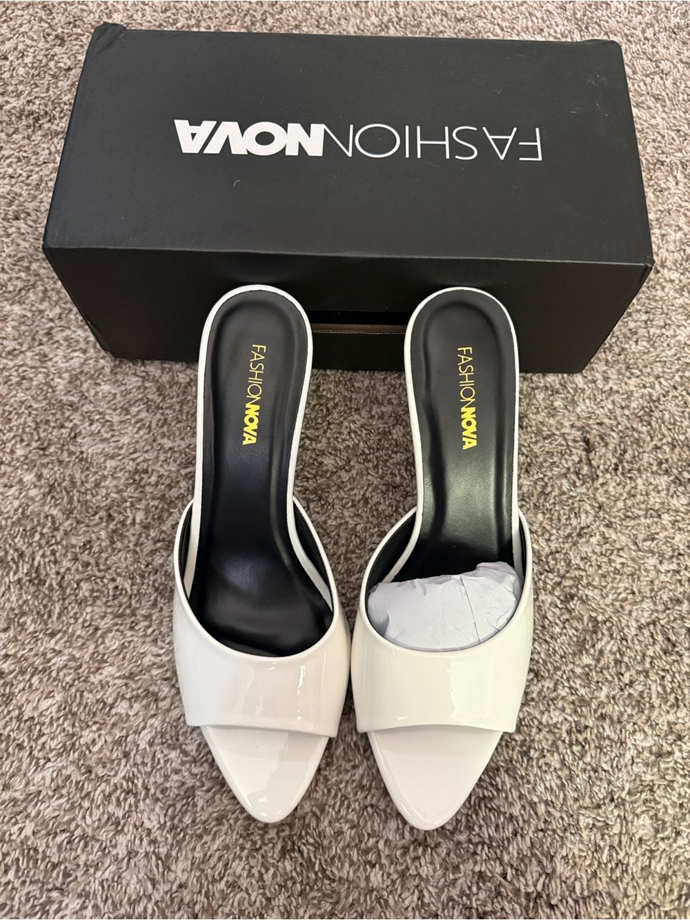 Fashion Nova White Patent Slip-On Open-Toe Mule Heels